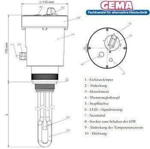 Technische Zeichnung des Heizstabs 9 kW mit Thermostat und elektrischen Anschlüssen