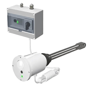 Weiße wandmontierte Steuerbox mit Sondenanschluss und spiralförmigem Kabel für Heizstab 9 kW