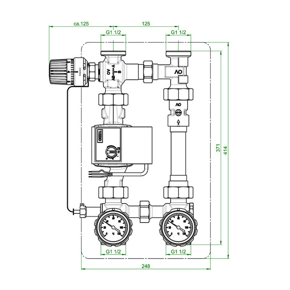 Diagramm der Oventrop Kessel Rücklaufanhebung RTA mit Pumpe. 🔧 Messinstrumente & Ventile für optimale Rücklauftemperatur.