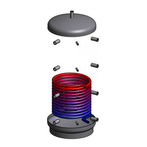 Diagramm eines Wärmetauschers mit roter und blauer Spirale, die Wärmeübertragung symbolisiert. 🌀🔄