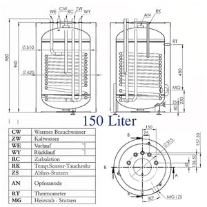 Technische Zeichnung eines Warmwasserspeichers mit Incoloy 825 Heizstab für Brauchwasser