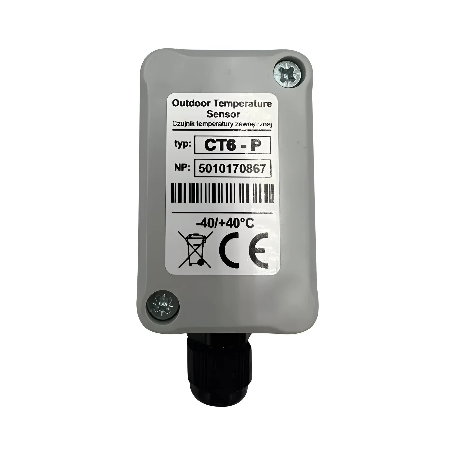 Grauer Außentemperatursensor Plum PCT6 mit schwarzem Kabelanschluss
