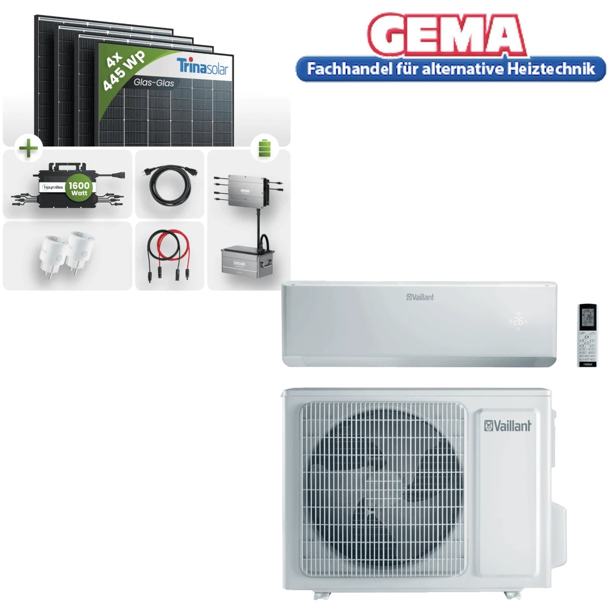 📦 PV Paket mit ☀️ Solarpanels, Wechselrichter, 💧 Heizung und 📺 Steuerung für effiziente Energieerzeugung.