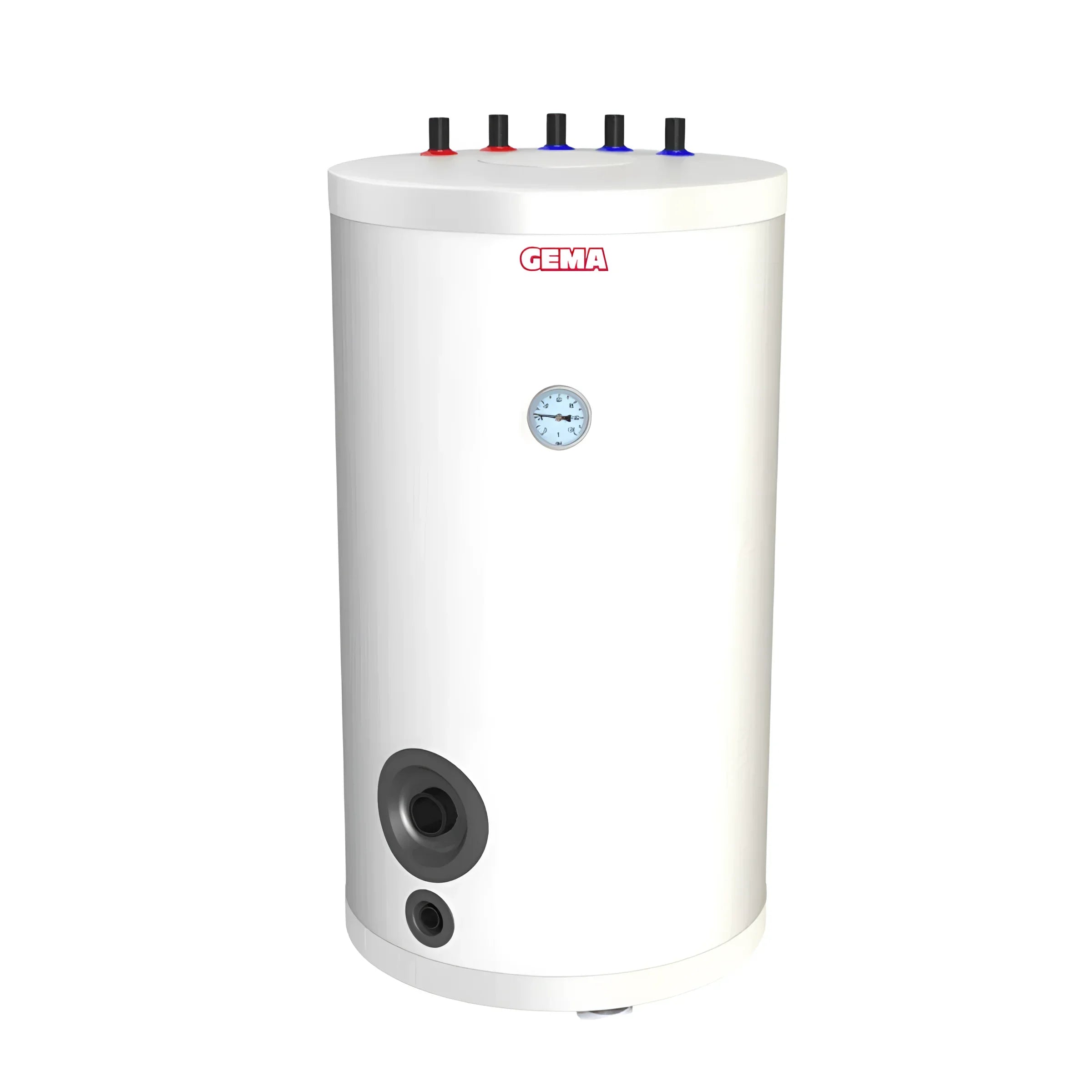Weißer zylindrischer Warmwasserspeicher mit großem Wärmetauscher und geringem Wärmeverlust