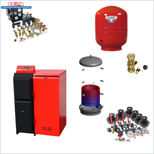 Heizungskomponenten des Thermoflux Pelling 25/230 mit Pufferspeicher und Wassertank