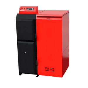 Red und schwarze Heizungseinheit vom Komplettpaket Thermoflux Pelling mit 25/135 Liter Pufferspeicher