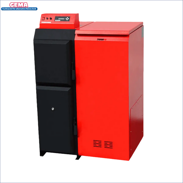 Rote und schwarze Heizungsanlage Thermoflux Pelling 25/135 mit Hygienespeicher
