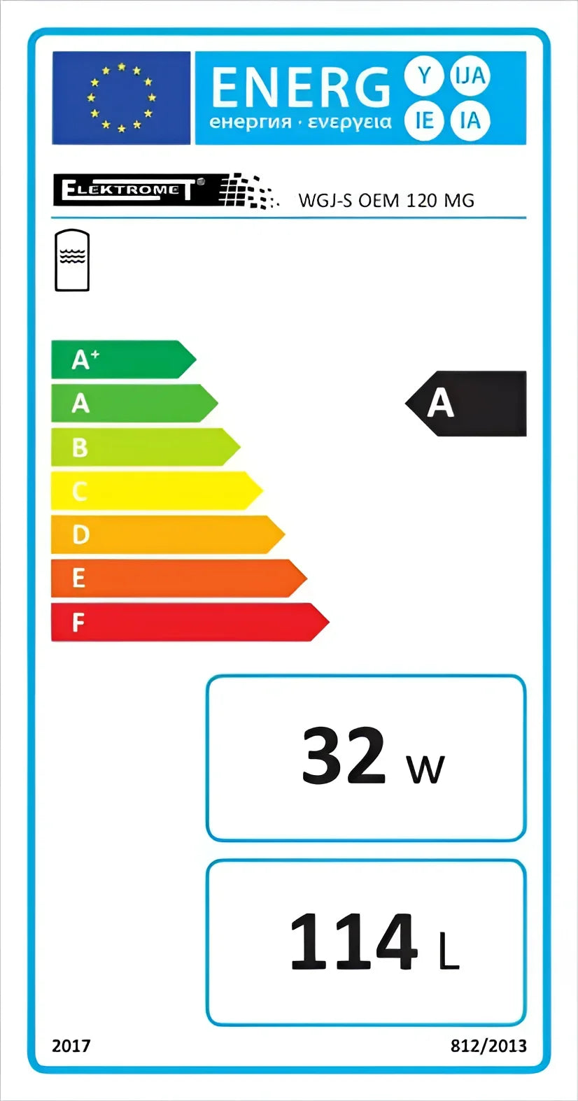 Energieeffizienzlabel für den elektrischen Warmwasserboiler mit 32W Verbrauch und 114L Kapazität, A-Klasse.