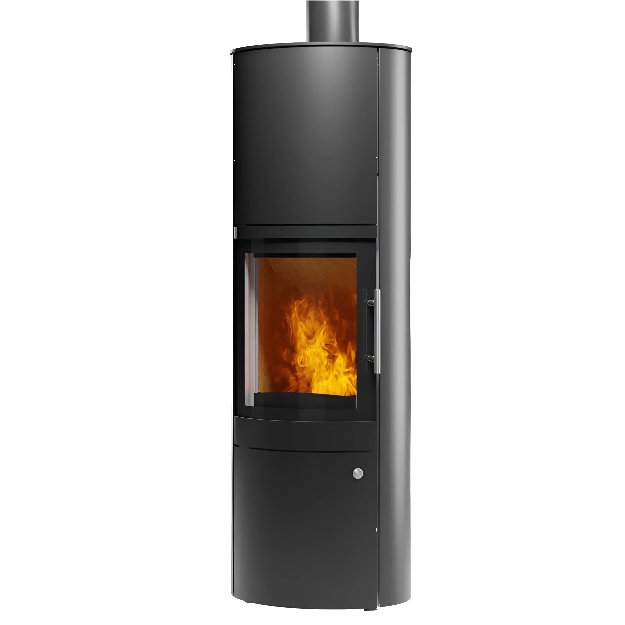 Schwarzer Kaminofen Leo von Königshütte 5 kW mit sichtbaren Flammen, Rauchrohranschluss erfolgt