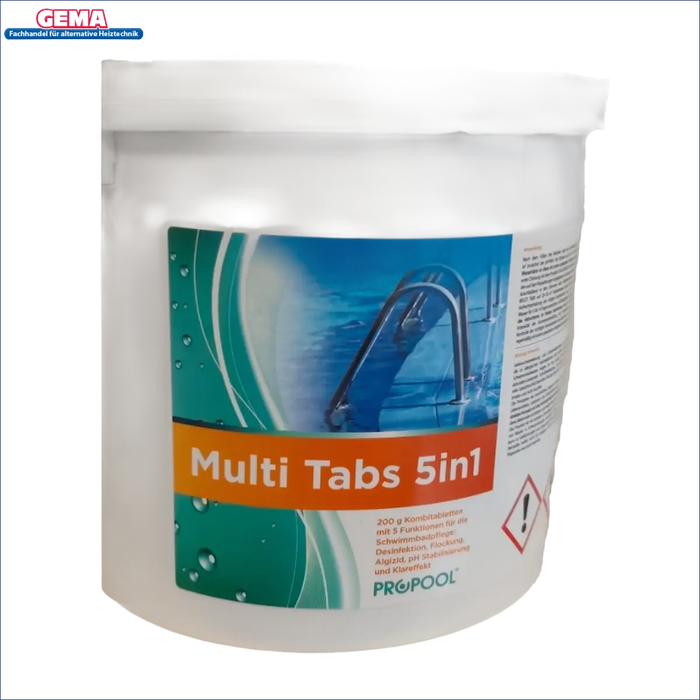 Weißen Eimer mit Pool-Reinigungstabletten für 5-Phasen Pflege und Multi Tabs 5 in 1