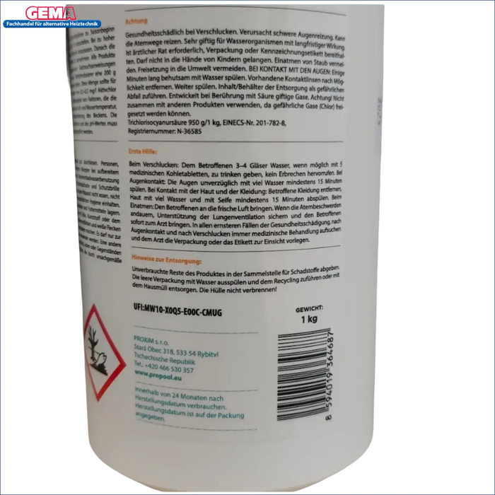 Reinigungsmittelbehälter mit Sicherheitshinweisen für Chlortabletten für Pool