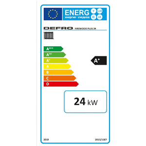 Energieeffizienzlabel für den DEFRO Holzofen auf dem Produktbild des Defro Firewood Plus 24 kW Naturzugkessel