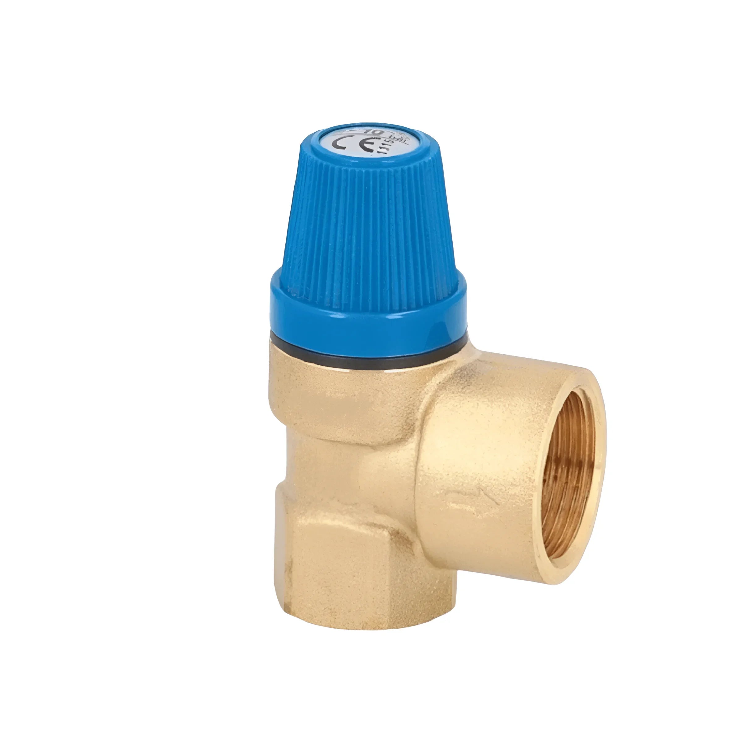 🔧 Messingventil mit blauer Abdeckung für präzise Druckregulierung in Wasser- und Heizsystemen.