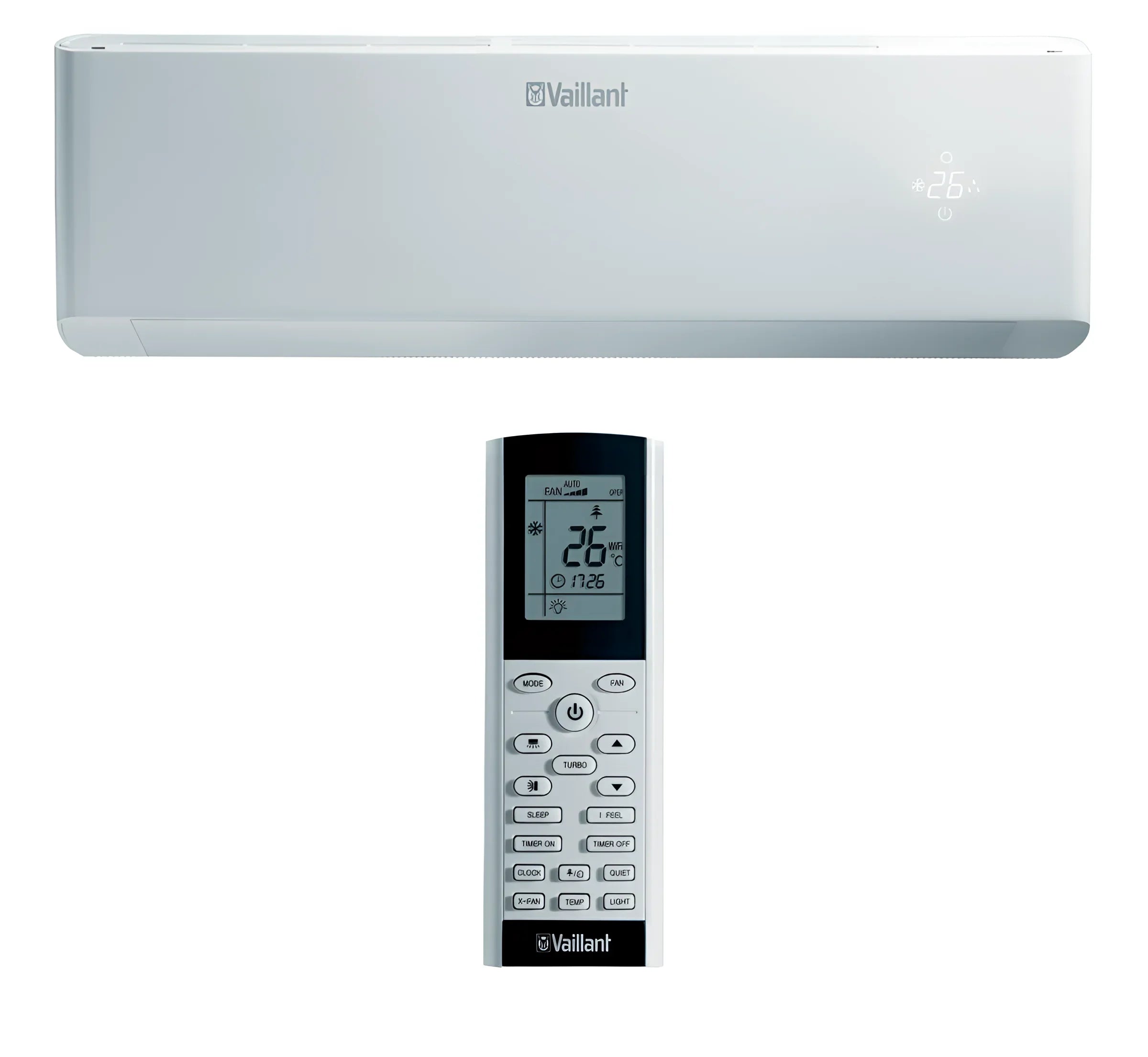 Weißes Vaillant Wärmepumpe plus Klima mit Fernbedienung und arotherm split System