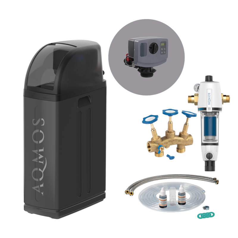 Zestaw stacji zmiękczania wody AQMOS R2D2-48 Black Edition z filtrem płuczącym, zestawem przyłączeniowym i blokiem montażowym