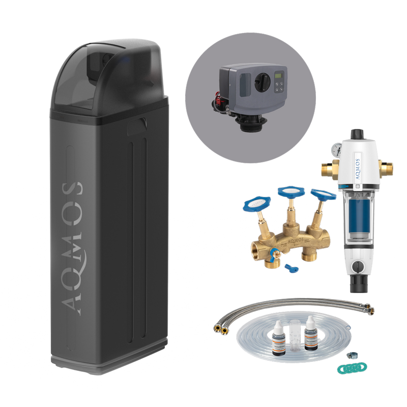 Zestaw zmiękczacza wody AQMOS R2D2-72 Black Edition z filtrem wstecznym, zestawem przyłączeniowym i blokiem montażowym