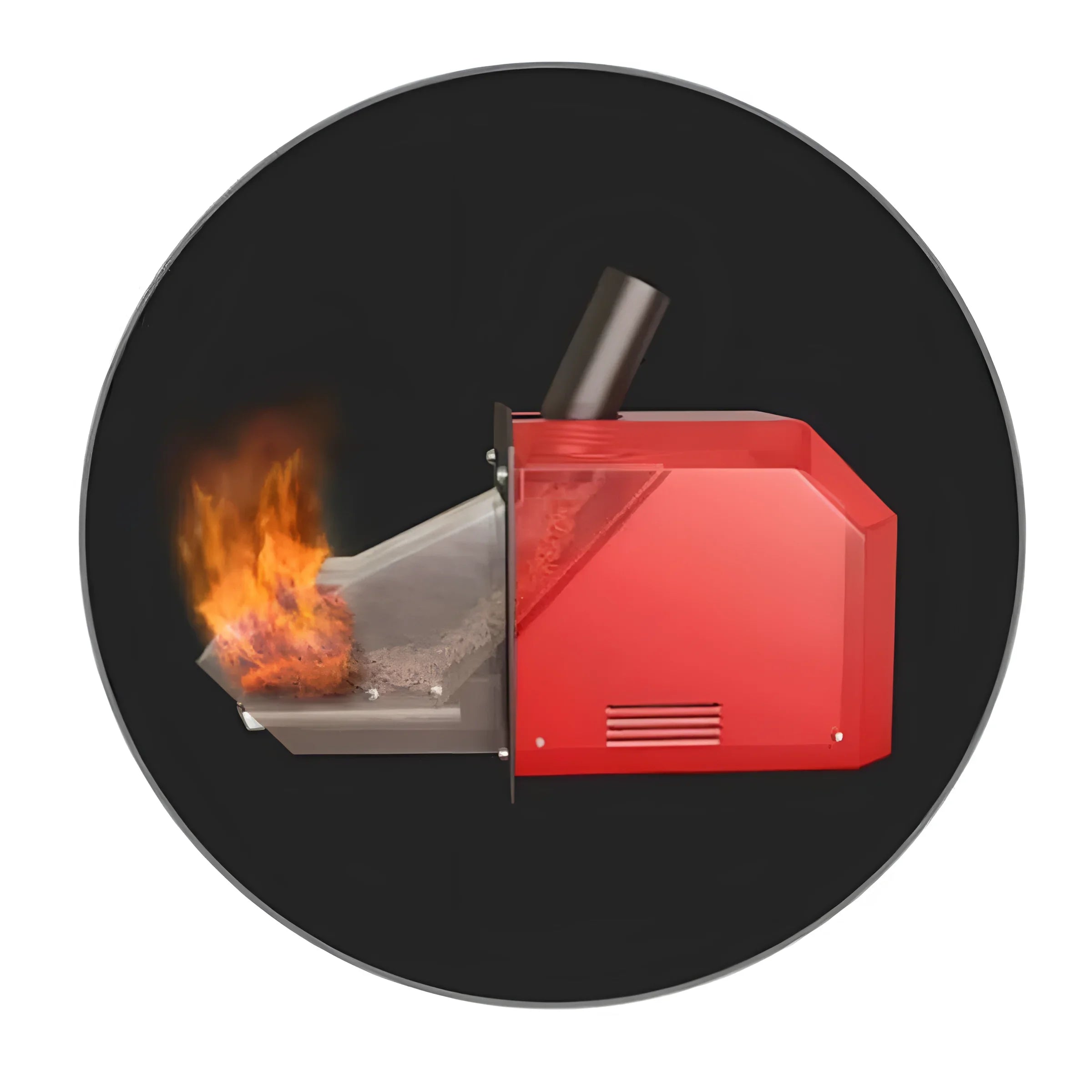 🔥 Kompakter Pelletkessel in Rot mit aktiver Flamme und Benutzerfreundlichkeit im Fokus. Perfekte Heizlösung!