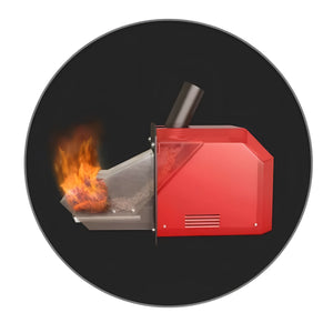 🔥 Kompakter Pelletkessel in Rot mit aktiver Flamme und Benutzerfreundlichkeit im Fokus. Perfekte Heizlösung!