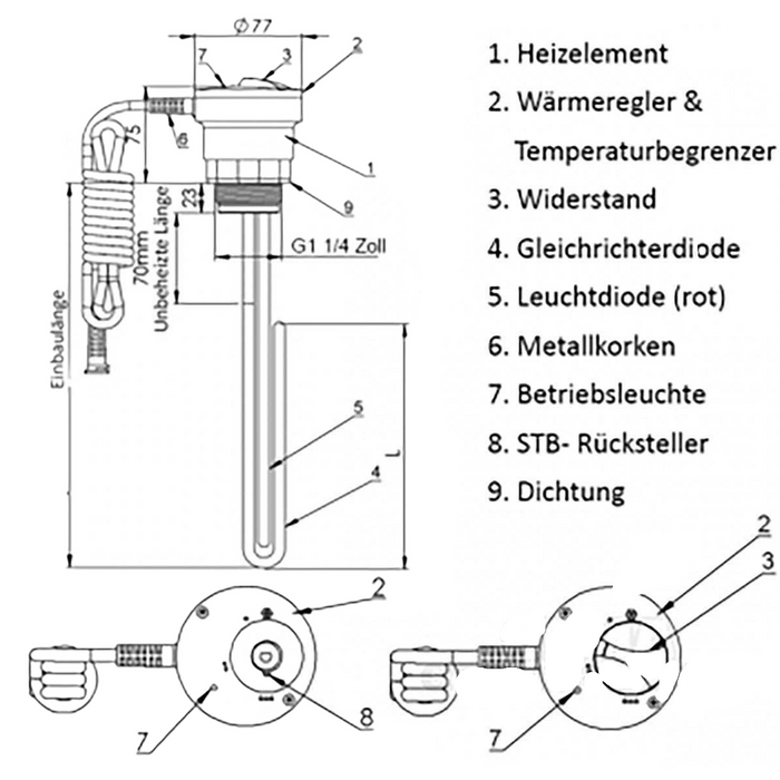 Heizpatrone, Heizstab  230V  1¼" AG   1,5 kW - 230V   PV geeignet