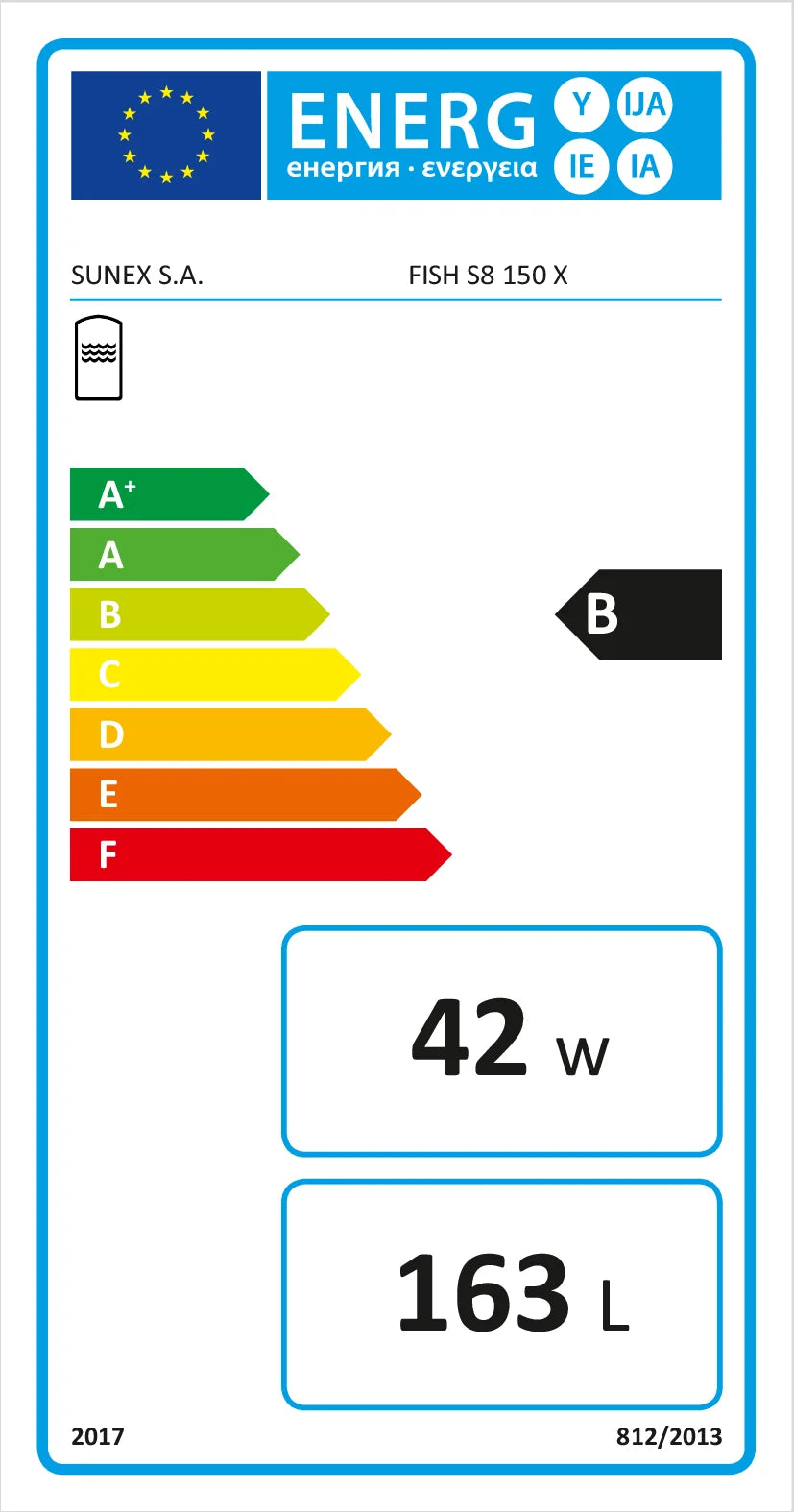 Energieeffizienzlabel für Sunex Fish stehender Warmwasserspeicher S235JR mit Leistungsangaben