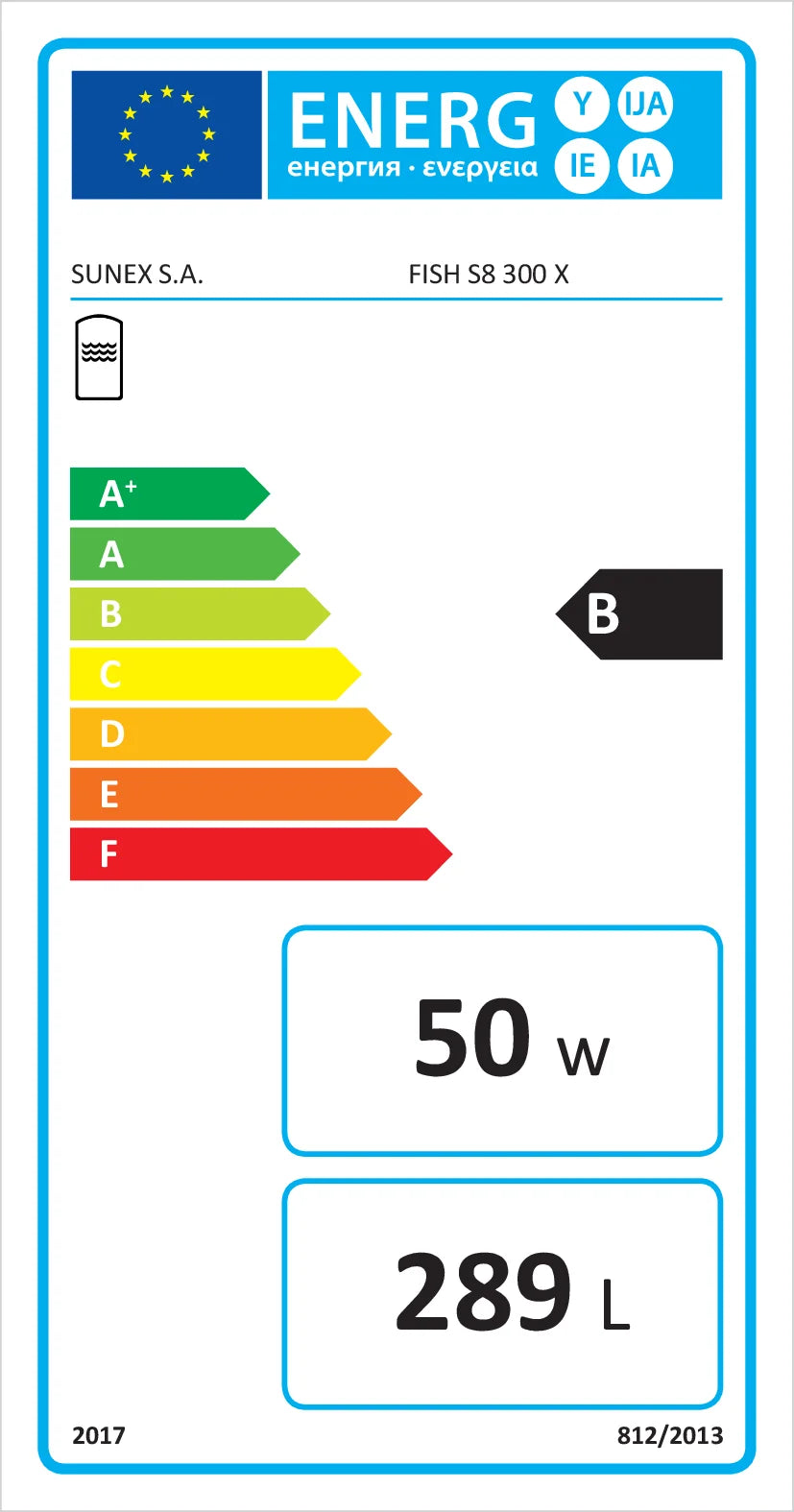 Refrigerator energy label mit Effizienzklasse B, Sunex Fish stehender Warmwasserspeicher S235JR, 50W, 289L