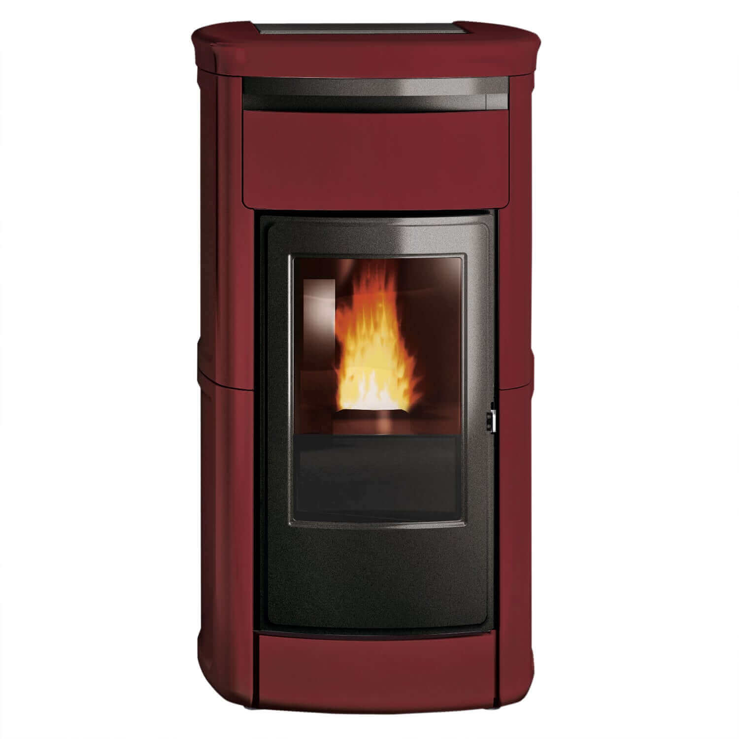 Wasserführender Pelletofen Edilkamin Kira2 H 18 Up mit eleganter Keramikverkleidung und flammendem Feuer 🔥