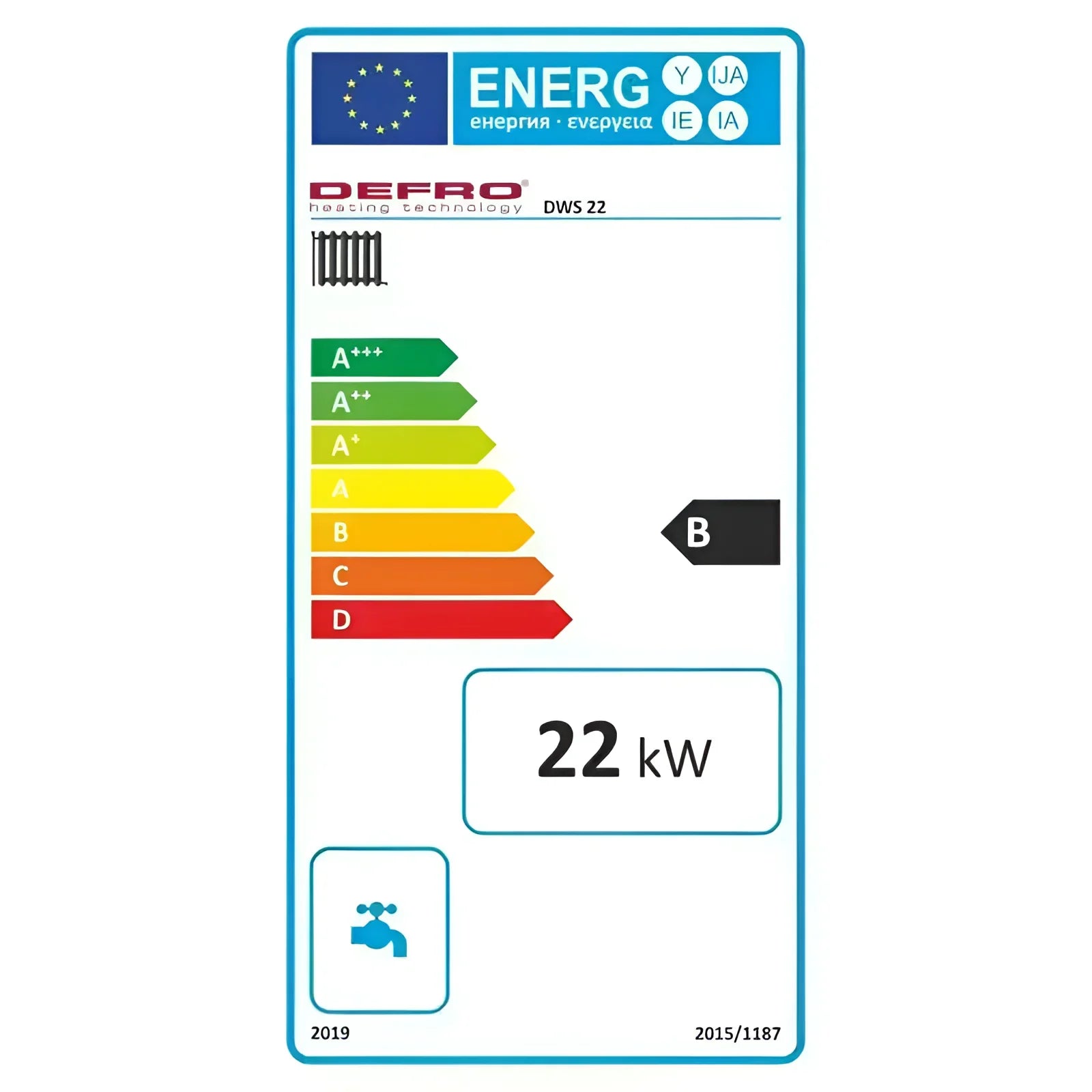 Energieeffizienz-Label für den Heizkessel Defro DWS 22 kW aus der Defro DWS Serie