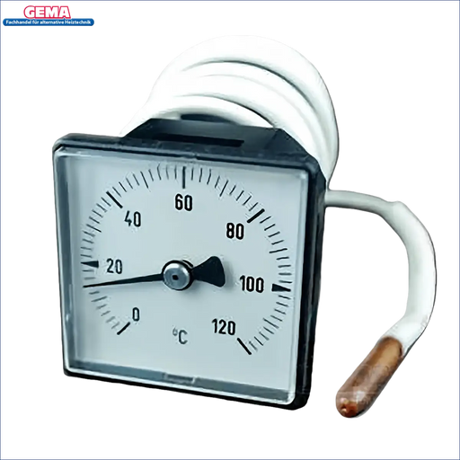 Quadratischer Thermometer mit weißen Coiled-Tubus und kupferfarbenem Sensor für Defro DS Heizkessel