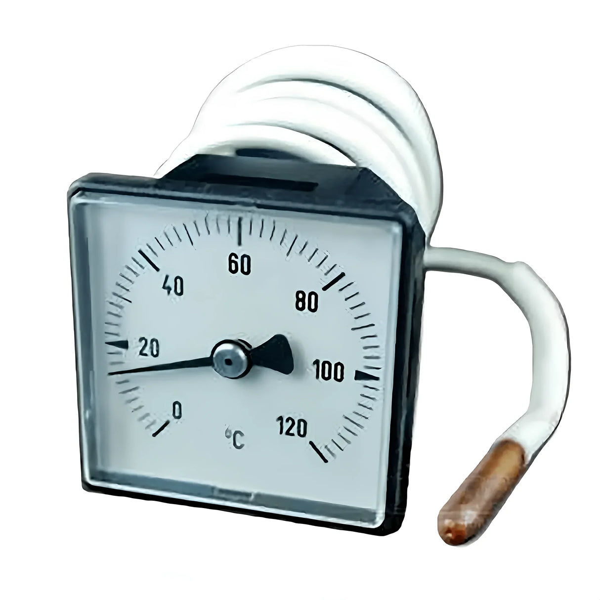 Analoges Thermometer Defro quadratisch für Kesseltemperaturmessung.