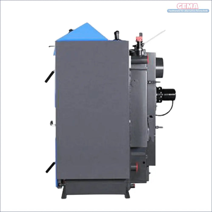 Graue und blaue Industrieheizung für Holz und Kohle Atmos KC35S Kohlevergaserkessel
