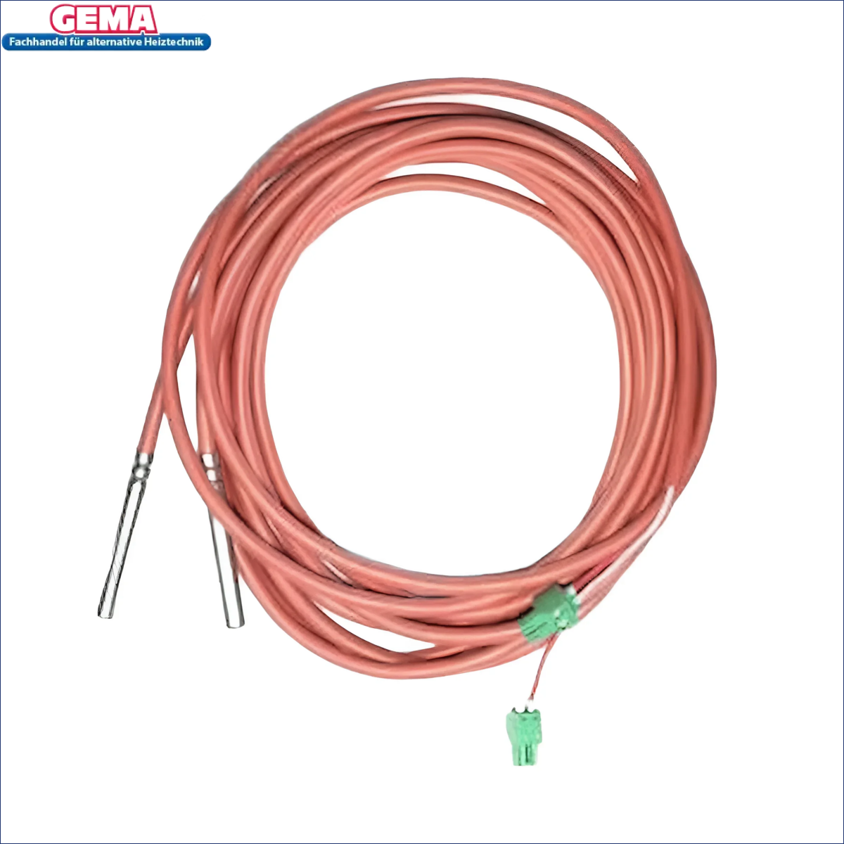 Coiled orange Kabel mit Metallsonden und grünem Anschluss für Attack Speicherfühler-Set
