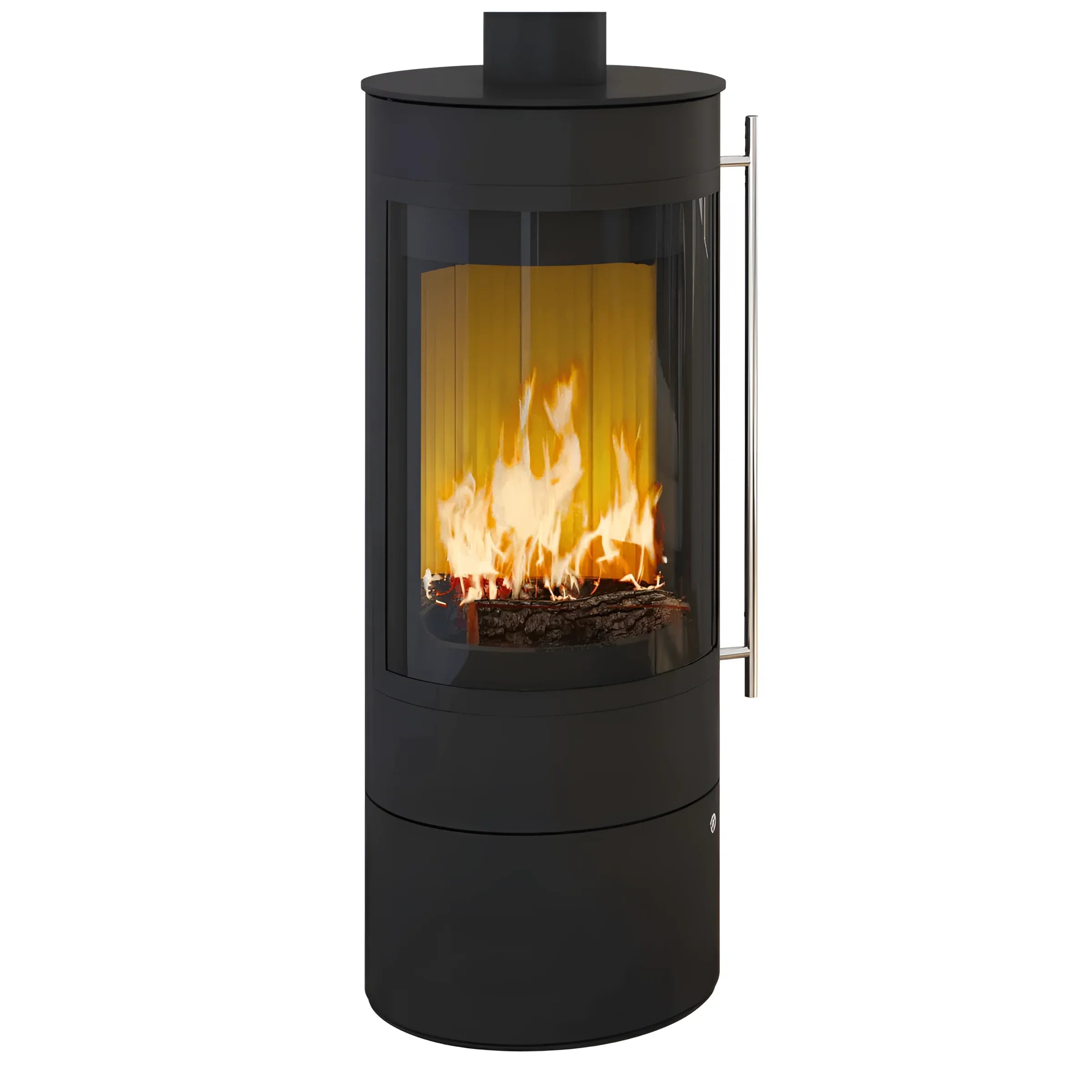 Black cylindrical kaminofen Pular Compact mit patentierte Verbrennungstechnik erlaubt und dibt-Zulassung beantragt