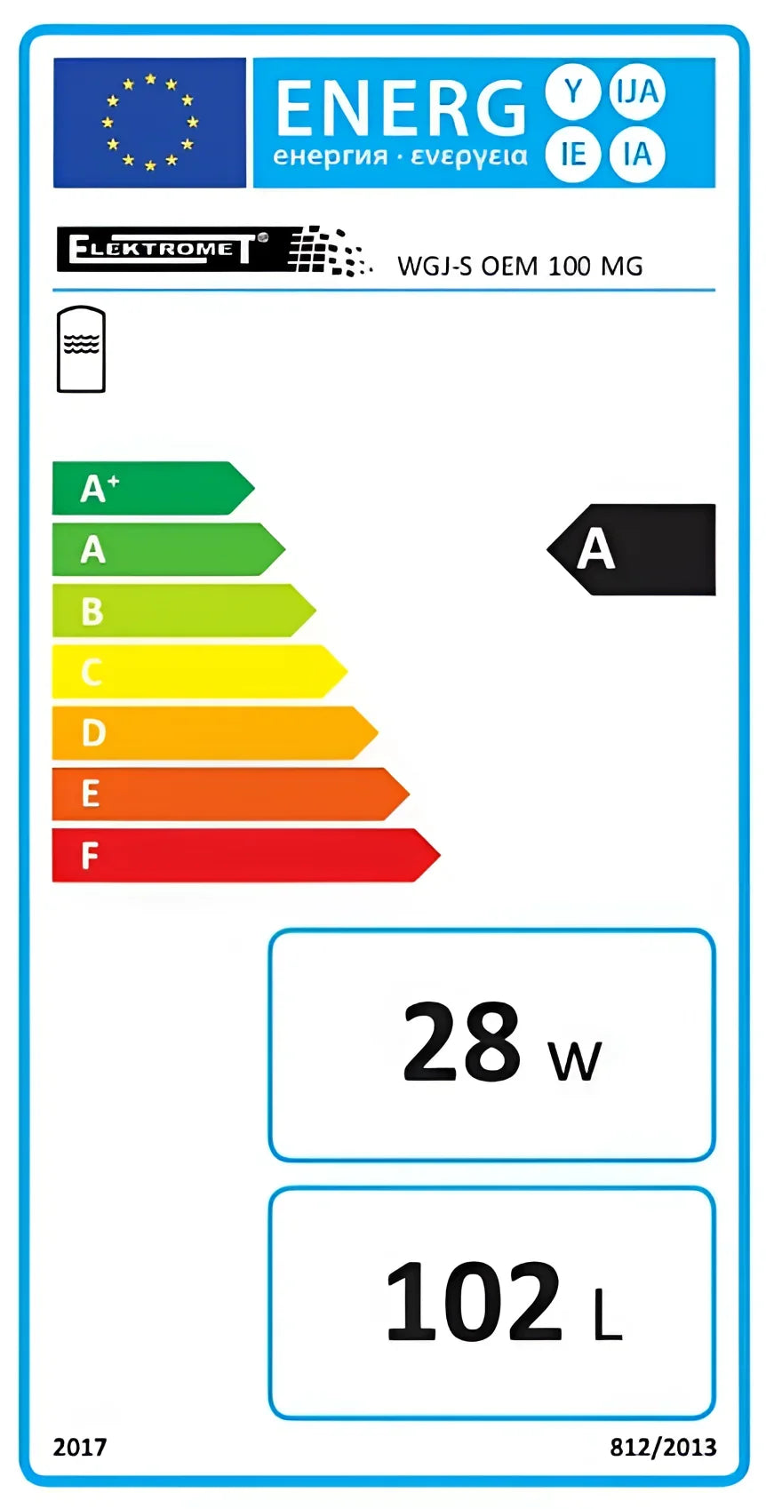 Energieeffizienzlabel für den 100L Warmwasserspeicher: A-Klasse, 28W, 102L Kapazität 💧🔋