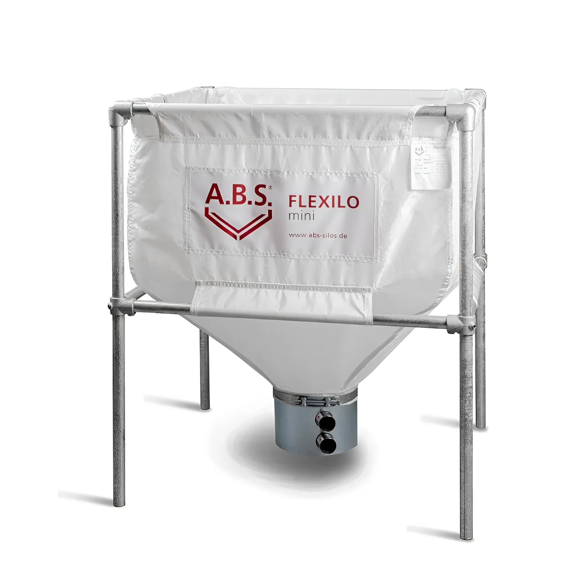 Weiße flexible Pelletsilo mit Metallrahmen, Flexilo® Mini mit Absaugtopf und Schneckenkasten