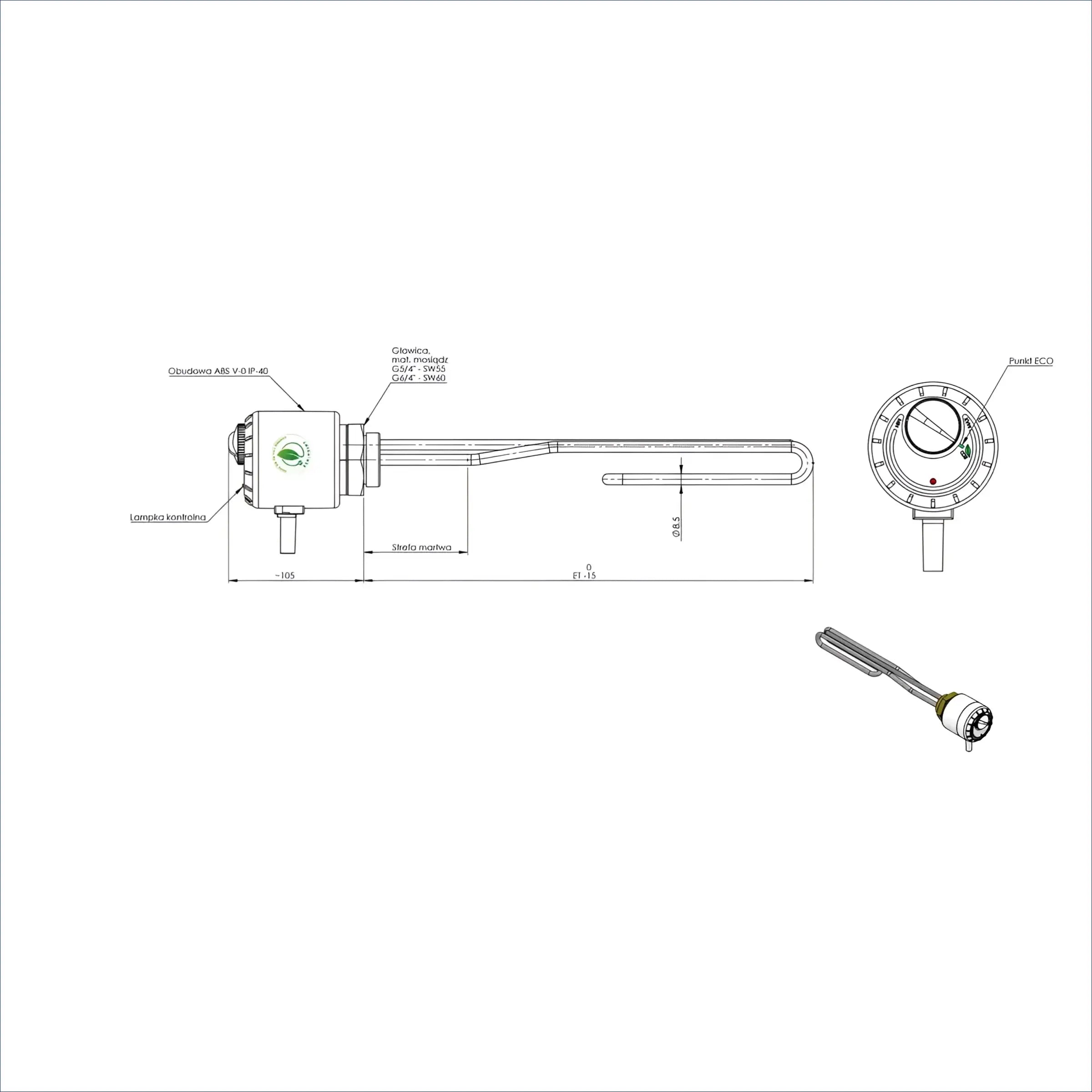 Technische Zeichnung des Trinkwasserspeichers 100 Liter mit Heizstab TERi 2,0 kW