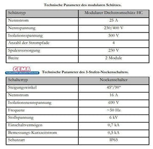 Technische Spezifikationen für modularen Kontaktor und 3-Stufen-Kammschalter bei Heizstab 9 kW