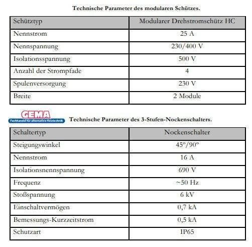 Technische Spezifikationen für modularen Kontaktor und 3-Stufen-Kammschalter bei Heizstab 9 kW
