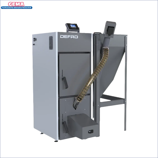 Grauer und weißer Pelletkessel NEXTPELL+ 20 kW mit Speicherbehälter
