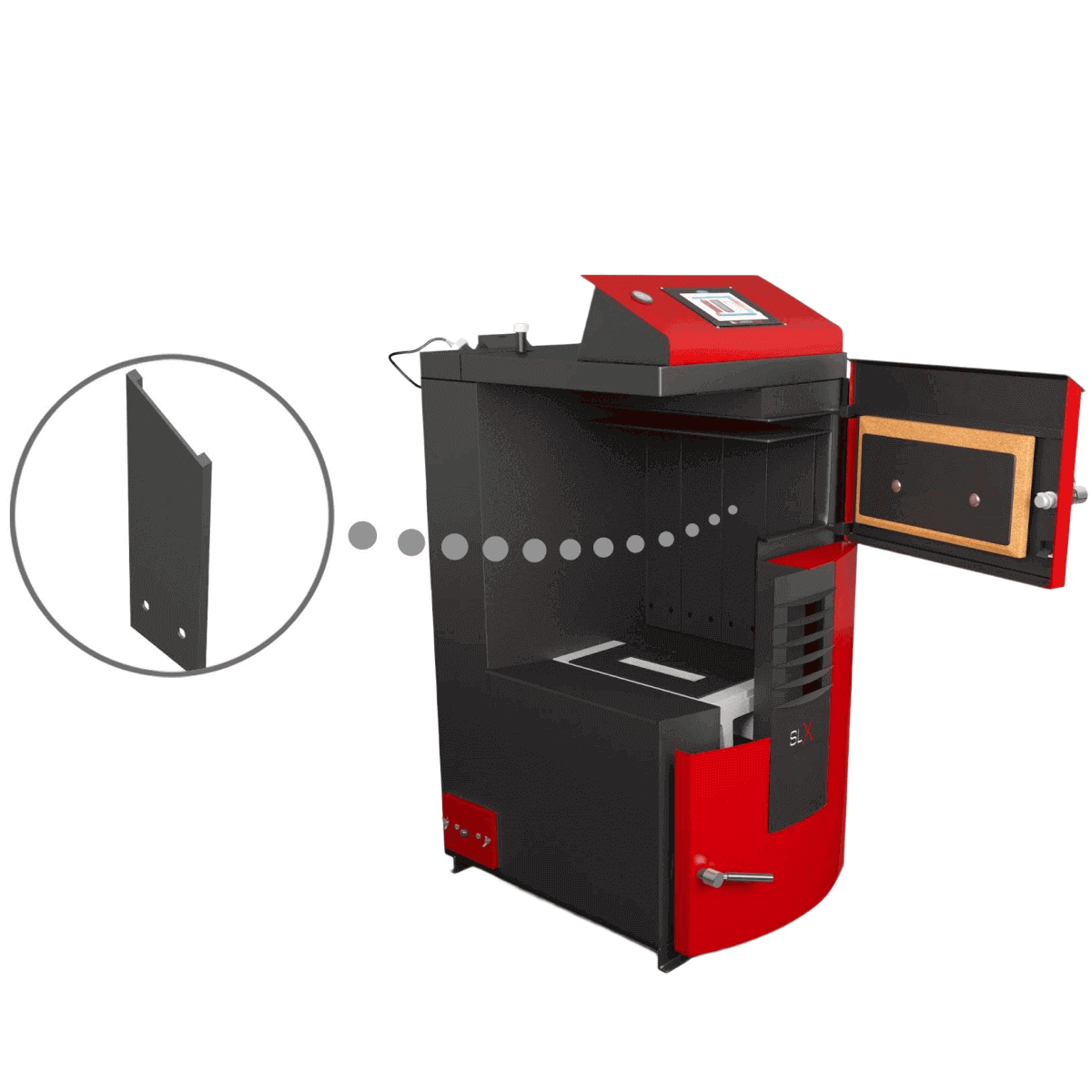 Roter und schwarzer Pelletsofen mit offenem Tür, Teil des Attack SLX Lambda Holzvergaser 55 kW