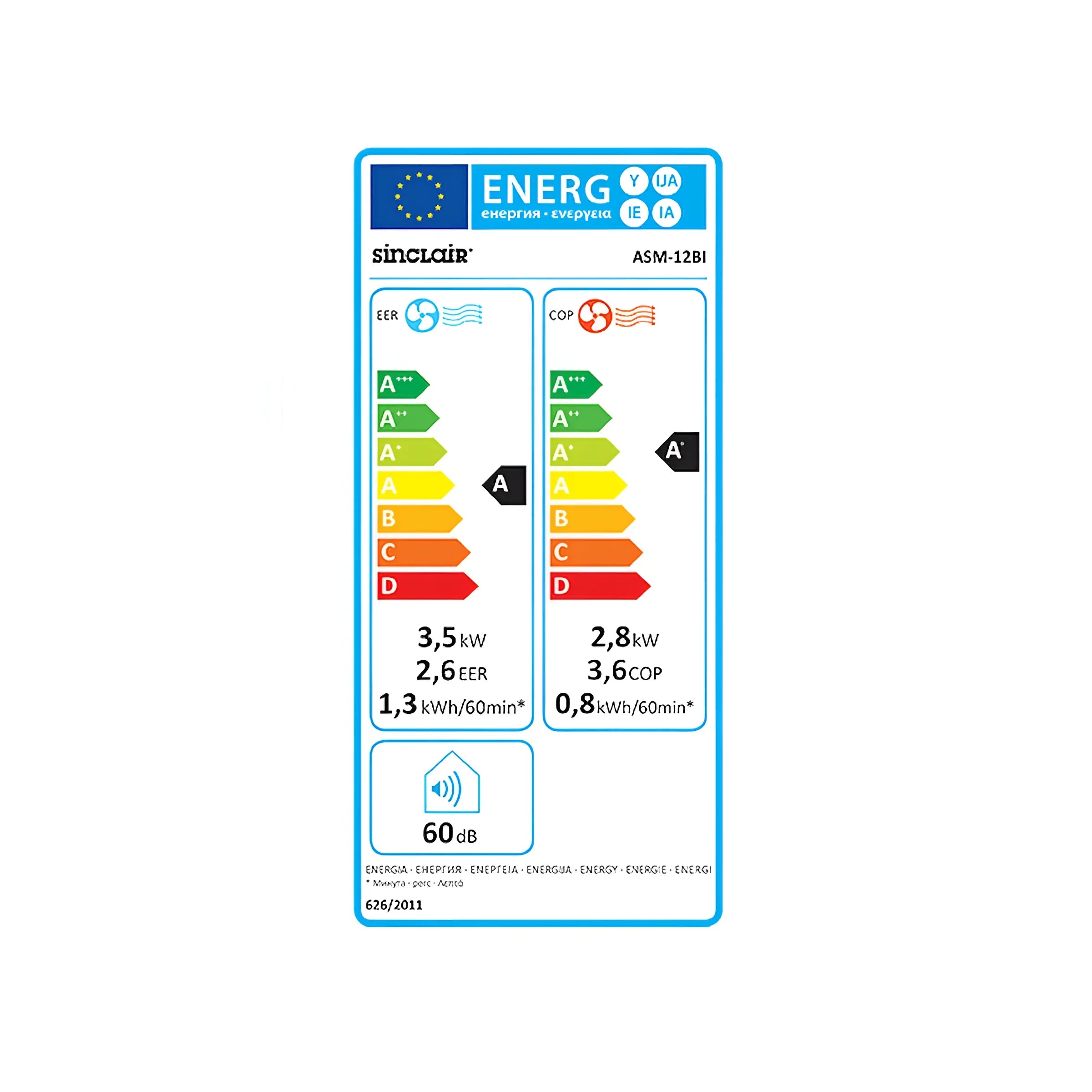 Energieeffizienz-Label für die Klimaanlage Monoblock ASM-12BI Sinclair Monoblock mit R32