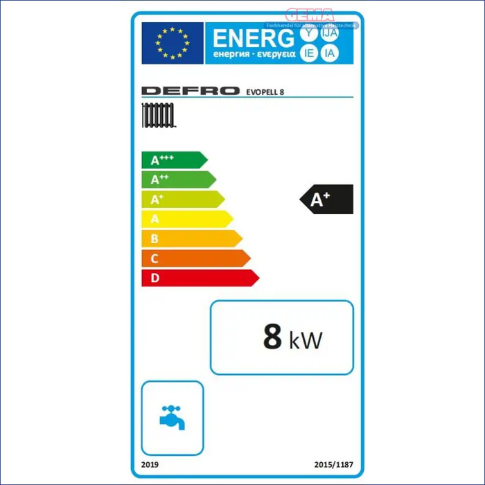 Energieeffizienzlabel für Defro Evopell Pelletheizung mit Energieeffizienz A plus