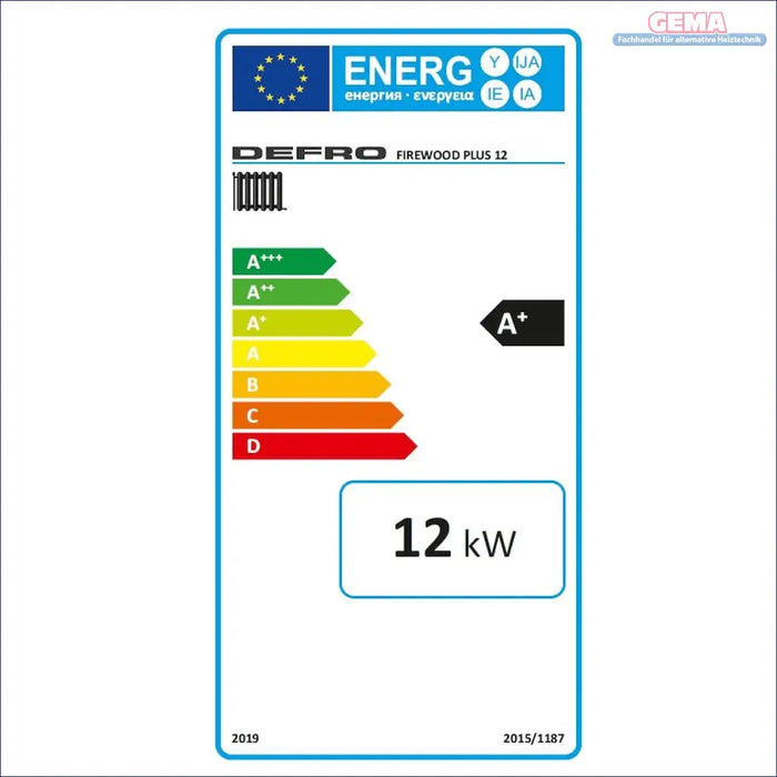 Energieeffizienzlabel für den Defro Firewood Plus 12 kW Festbrennstoffkessel mit Vergasersystem