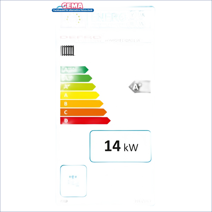 Energieeffizienzlabel für das Heizgerät Defro Komfort Ekopell 14 kW Holz- und Pelletsheizung