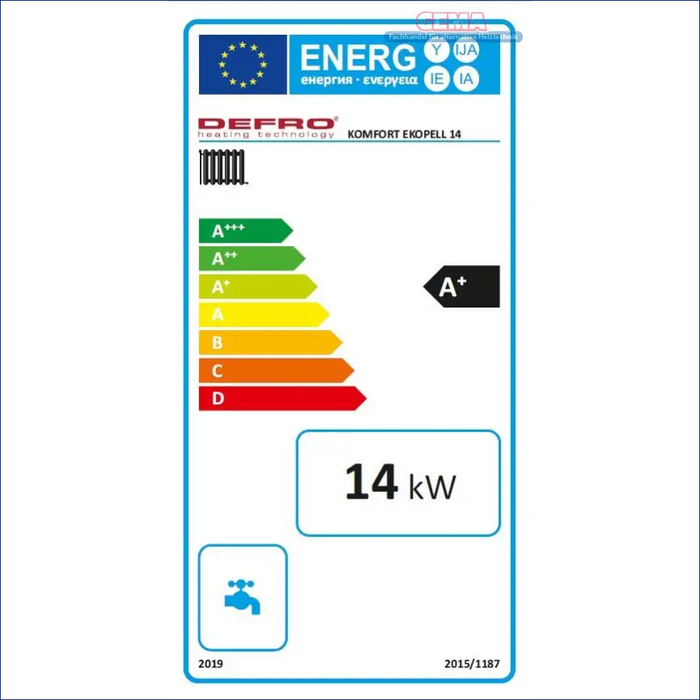 Energieeffizienzlabel für Defro Komfort Ekopell Pellet- und Holz-Kessel an Heizgerät