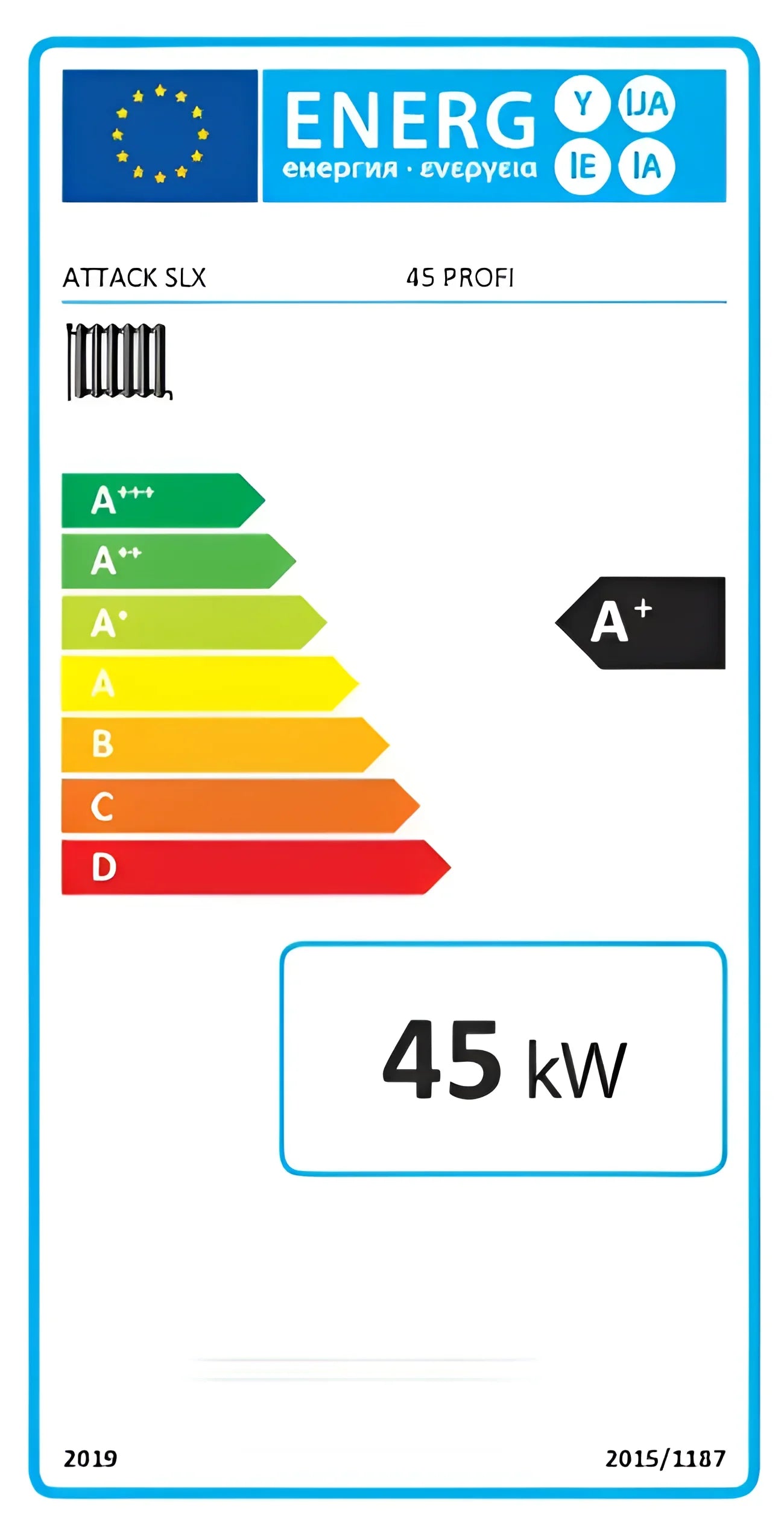 Energieeffizienzlabel für den ATTACK SLX 45 PROFI Holzvergaser für nachhaltige Holzheizung
