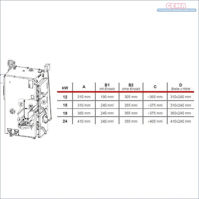 Technisches Diagramm mit Maßen für Festbrennstoffkessel Defro Firewood Plus 19 kW