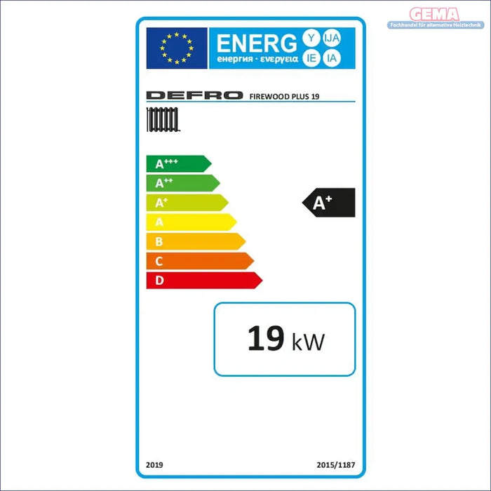 Energieeffizienzlabel für Festbrennstoffkessel Defro Firewood Plus 19 kW für Holzverbrennung