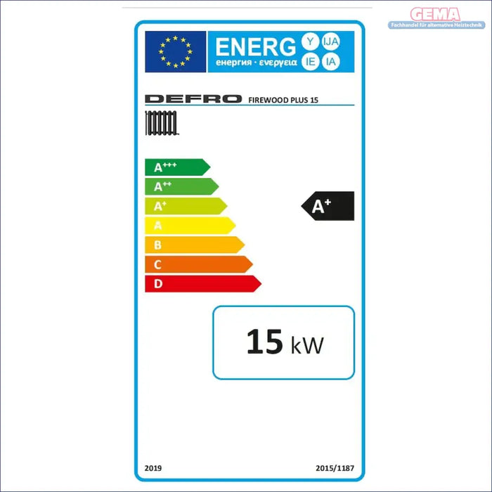 Energieeffizienz-Label für den Festbrennstoffkessel Defro Firewood Plus mit moderner Technik