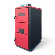 GEMA Shop MPM Caldo S-I 25 kW Holzvergaserkessel in Rot und Schwarz mit drei Türen und digitalem Display