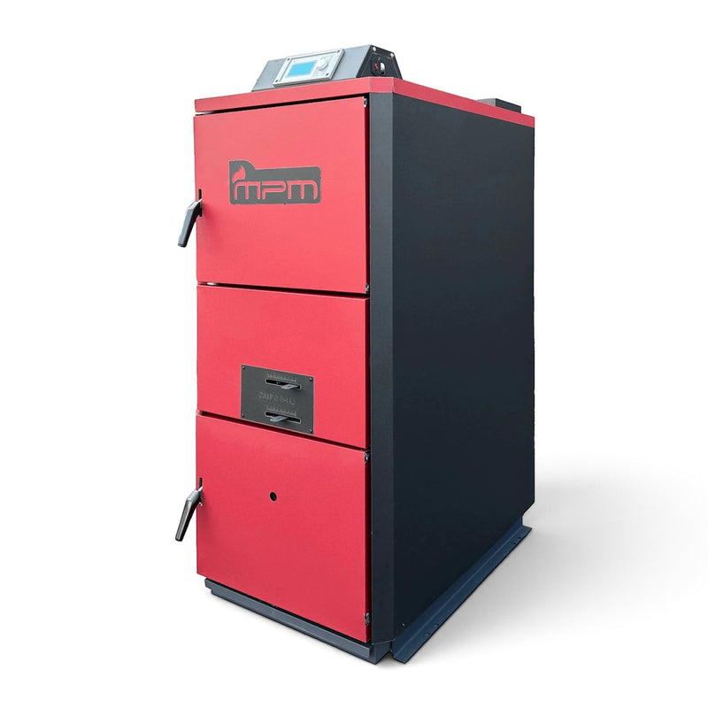 GEMA Shop MPM Caldo S-I 25 kW Holzvergaserkessel in Rot und Schwarz mit drei Türen und digitalem Display